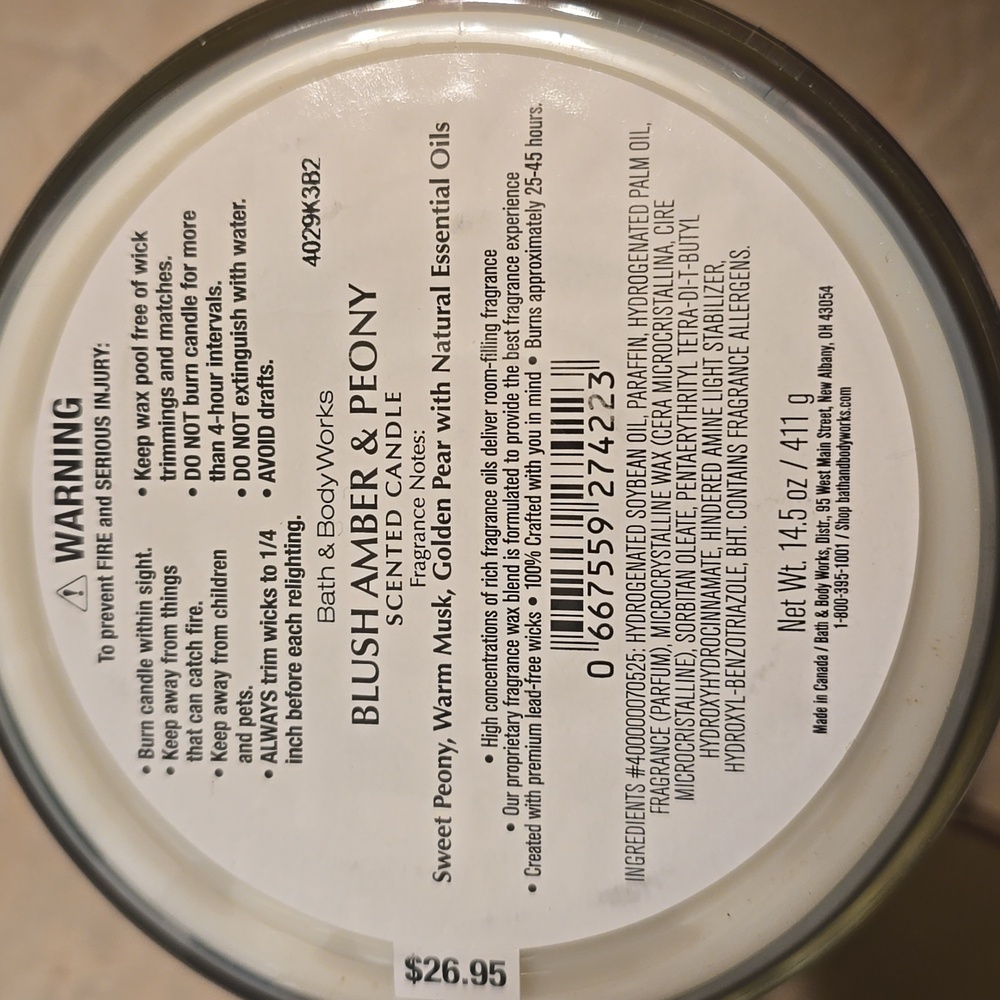 Bath & Body Works 3 wick candle - Blush Amber & Peony - DISCONTINUED FRAGRANCE - Picture 3 of 3